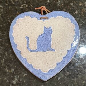 Vintage 1980s Clay City Pottery Ceramic Heart Cat Hanging Trivet w/ leather tie